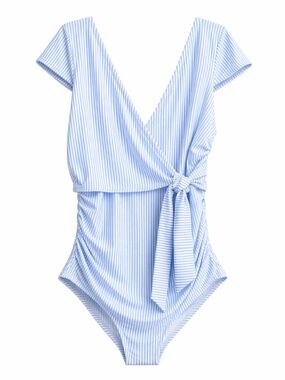 Old Navy Blue & White Seersucker Wrap One-Piece Swimsuit Cap Sleeves – Size 2X